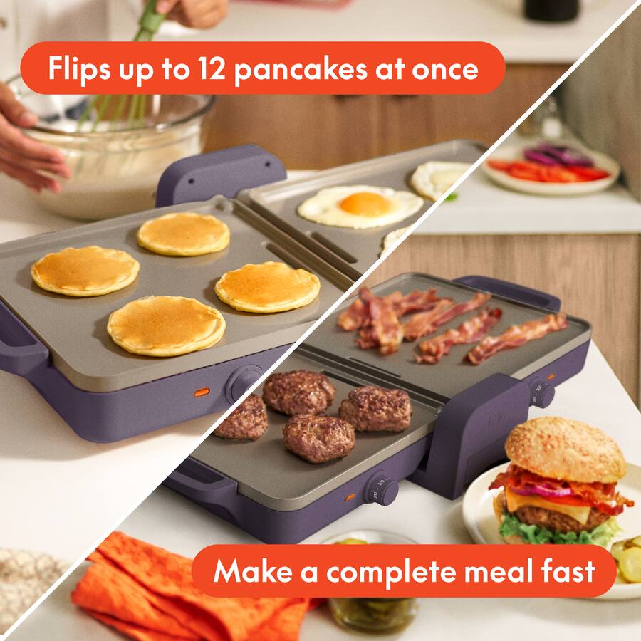 Bella 10" x 20" Fold & Store Dual Temp Electric Griddle, Plum