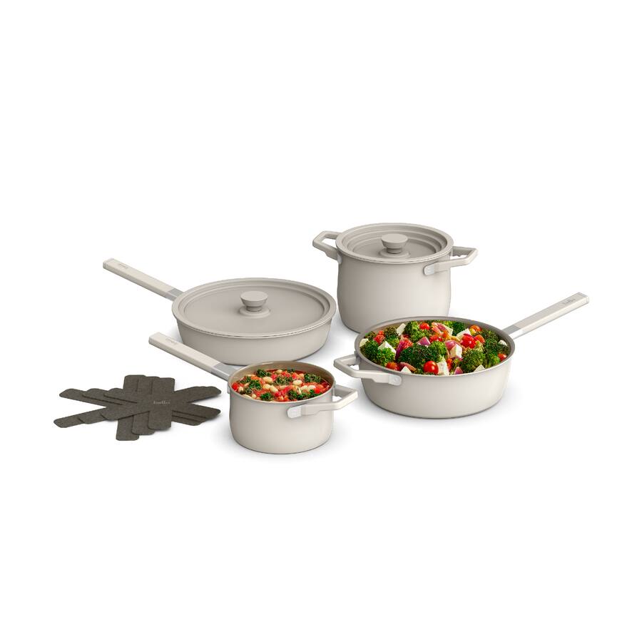 Bella Fits Anywhere 9 Piece Ceramic Nonstick Cookware Set, Oatmilk