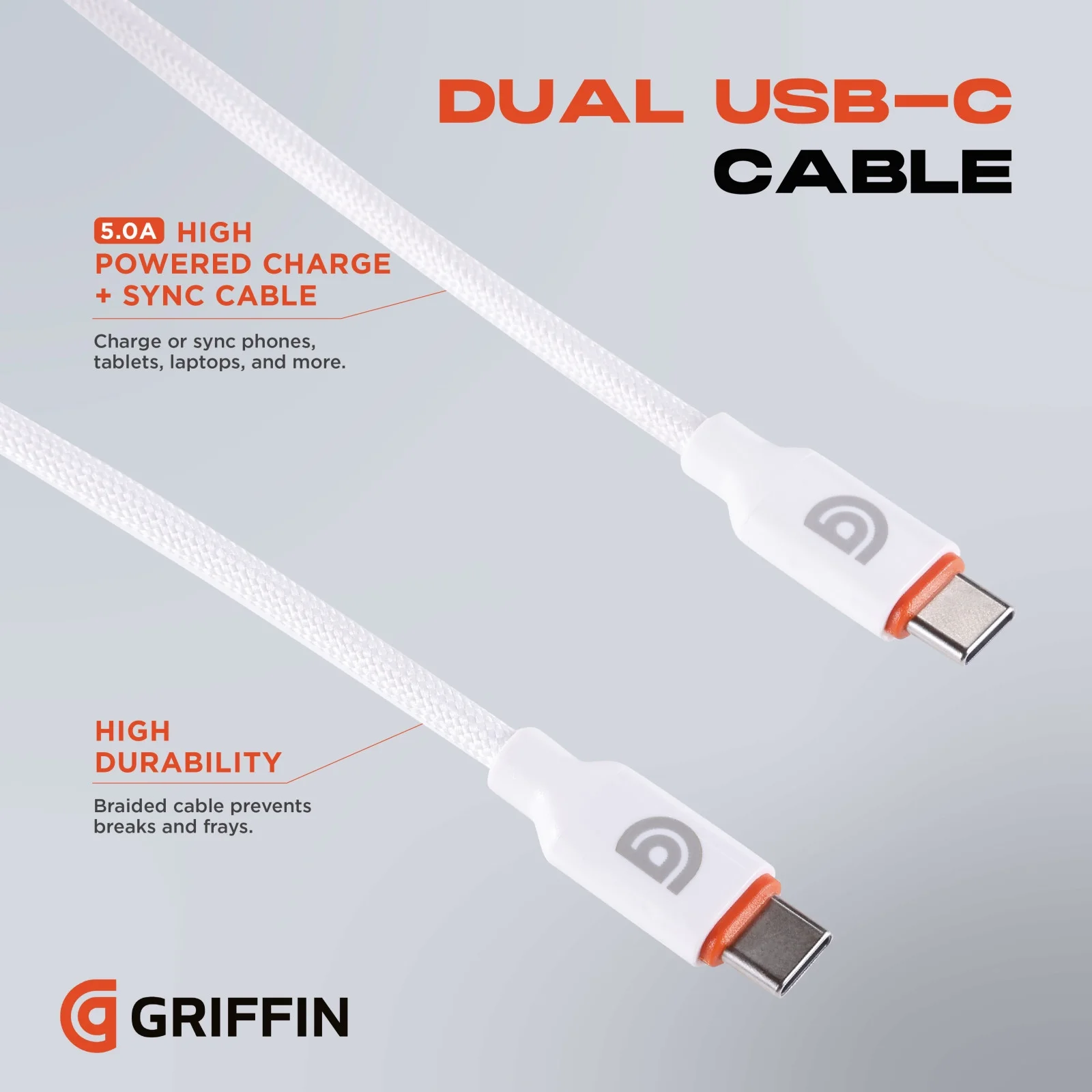 Griffin Ultra Durable 6 Ft USB-C to USB-C Charging Cable, White