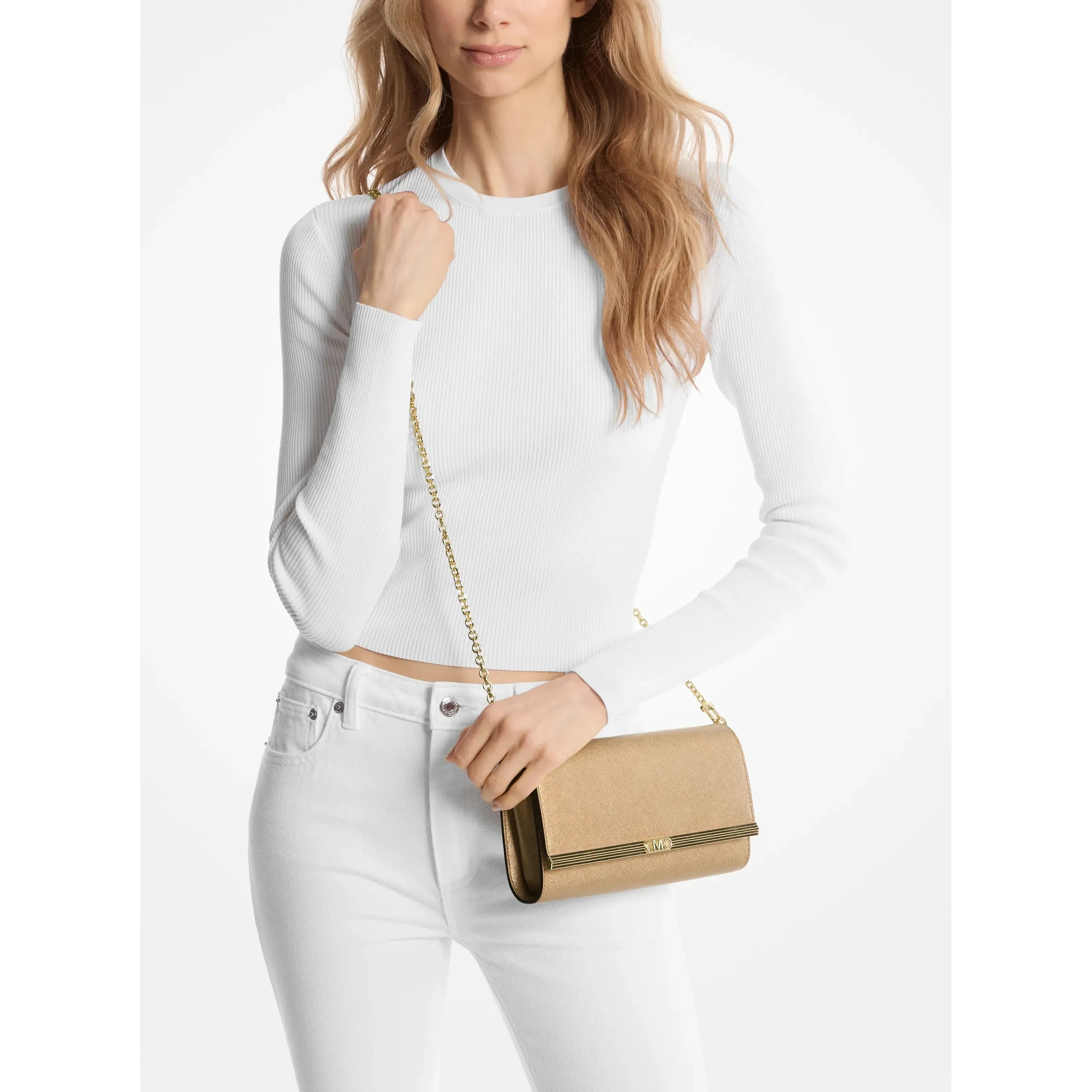 Michael Kors Mona Large Saffiano Leather Clutch, Gold