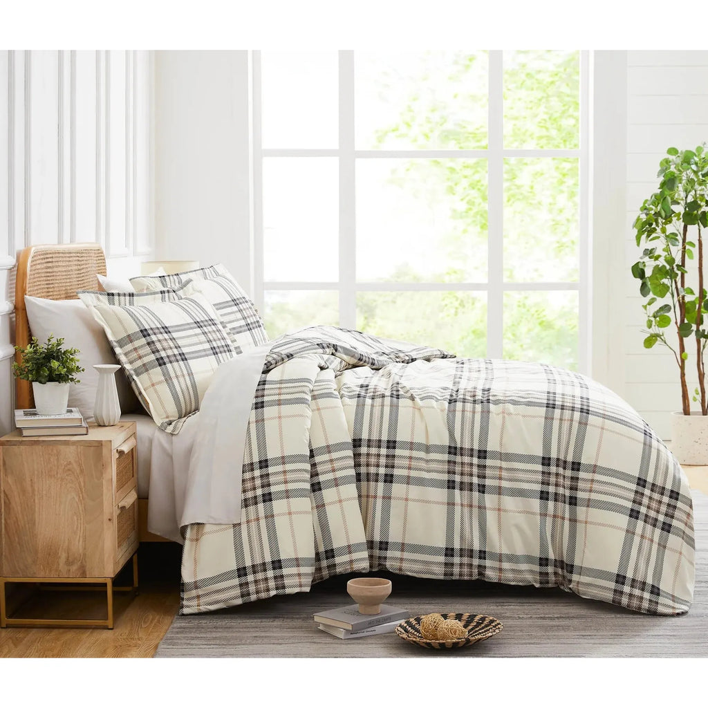Simple Plaid Comforter Set, Cream