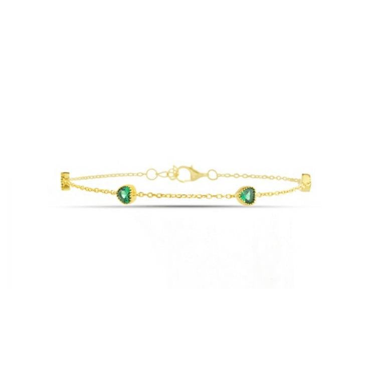 Sterling Silver & Green CZ Hearts Bracelet, Gold Plated